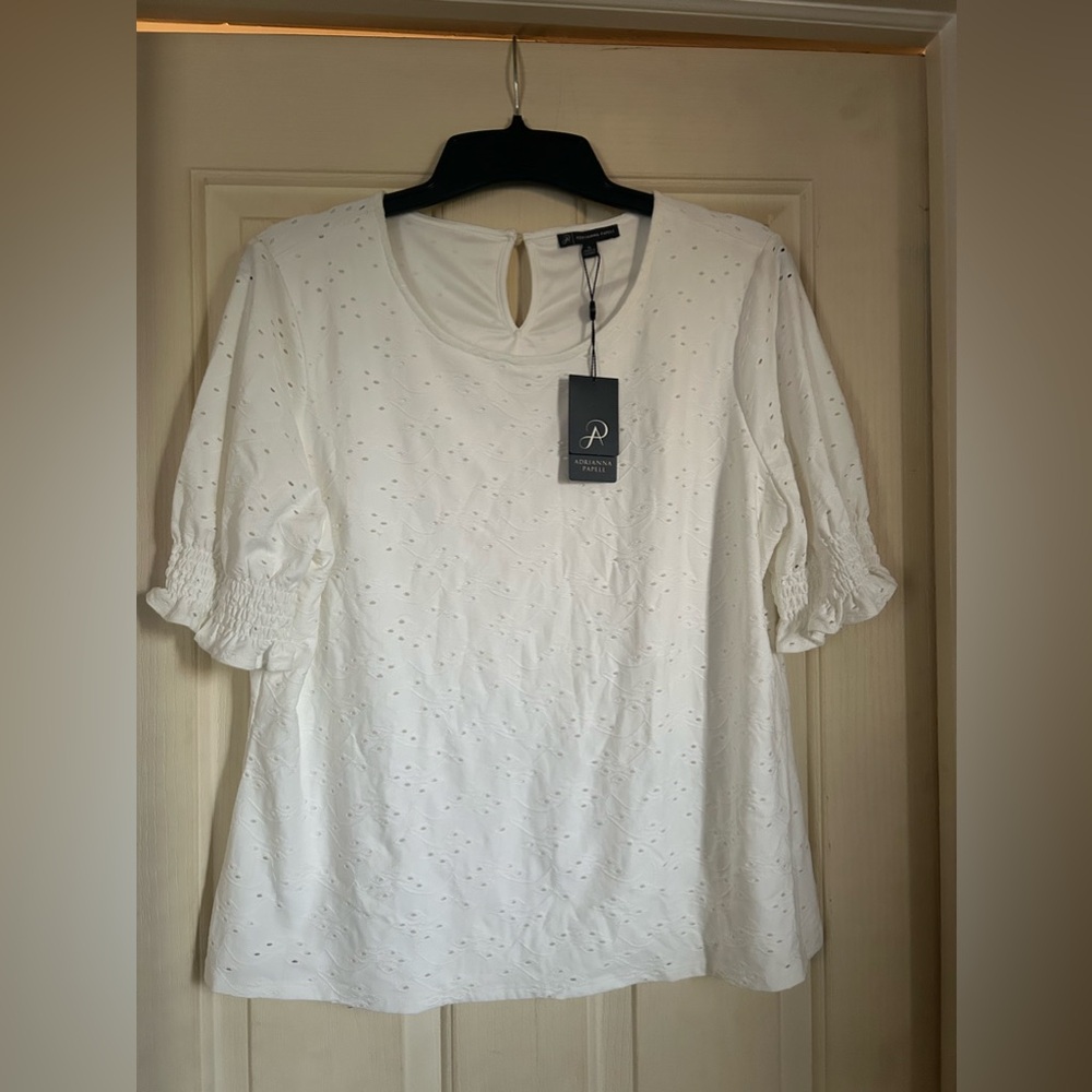 Adrianna Papell NWT White Ivory Short Sleeve Top Womens XL Lined Eyelet Fabric